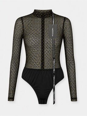 PrettyLittleThing Black Gold Metallic Flock Sheer Mesh Bodysuit NWT
